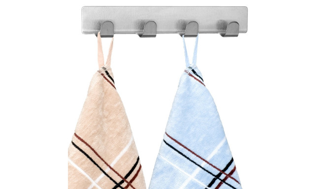 Tatkraft Fyra Towel Rack for Bathroom or Kitchen Stainless Steel Self Adhesive Fix 4 Hooks for Towel