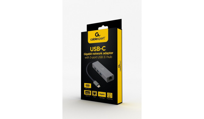 Gembird A-CMU3-LAN-01 USB-C Gigabit network adapter with 3-port USB 3.1 hub