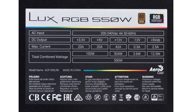 Aerocool Lux RGB 550M 550 W must toiteplokk