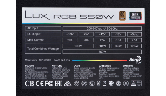 Aerocool toiteplokk Lux RGB 550M 550W, must