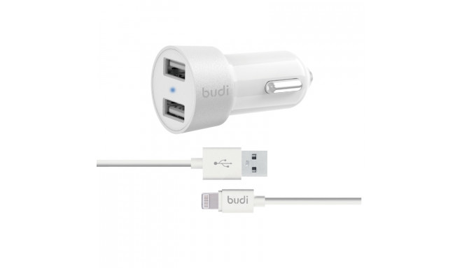 Budi - Ładowarka samochodowa 2x USB, 24W + kabel Lightning 1,2 m (Biały)