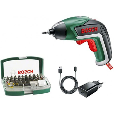 Bosch Cordless screwdriver IXO 5, with 32-piece bit set (green/black, Li-ion battery 1.5Ah 3.6V)