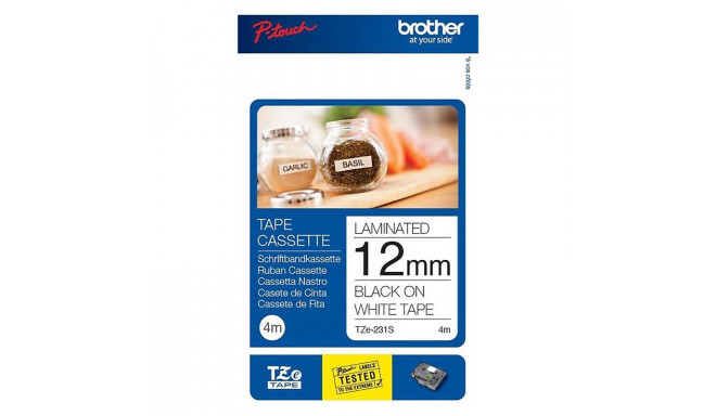 Lint Brother TZE231S 12mm must/valge 4m