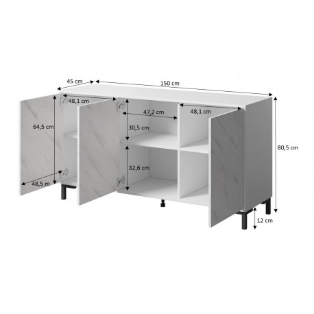 MARMO 3D kummut 150x45x80.5 cm valge matt/marmorvalge