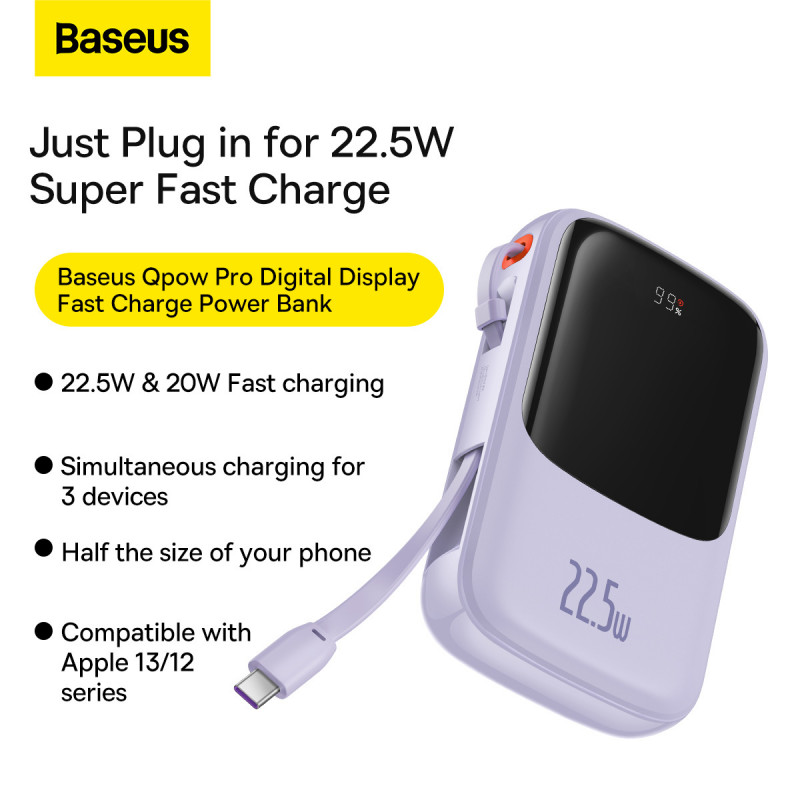 Baseus Qpow powerbank 10000mAh built-in USB Type-C cable 22.5W Quick Charge  SCP AFC FCP purple (PPQD020105)