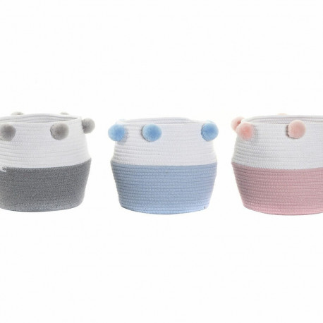 Basket DKD Home Decor Grey Sky blue Light Pink Pompoms 30 x 30 x 26 cm Wood (3 Units) (12 Units)