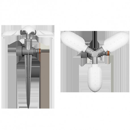 Rotating sprinkler on spike, 3-leaf arm