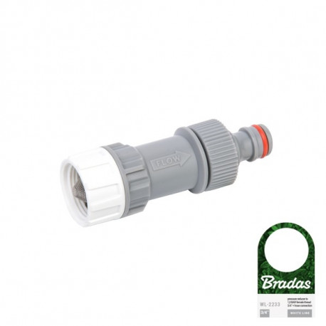 Pressure reduction up to 1.0 BAR with 3/4" female thread, mesh filter and hose nipple.