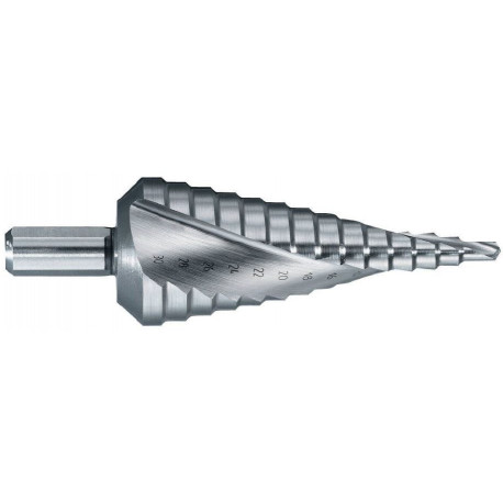 HSS Step Drill Ø4-30 mm. Step 2 mm. Helicoidal flute. Bright, uncoated (blister)