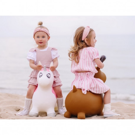 Skoczek gumowy dla dzieci KELLY 60 cm biało-różowy do skakania z pompką