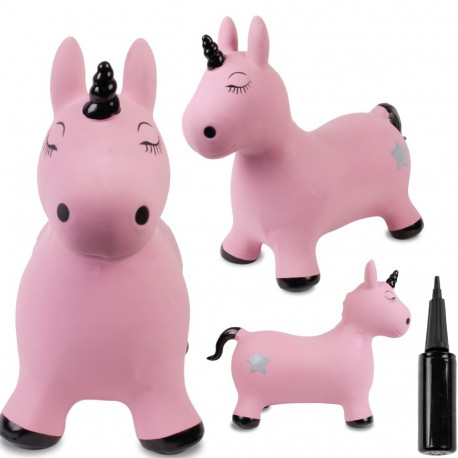 Skoczek gumowy dla dzieci JEDNOROŻEC 60 cm różowo - czarny do skakania z pompką