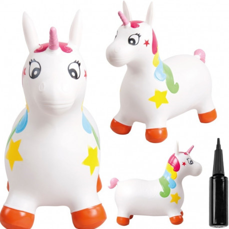 Skoczek gumowy dla dzieci JEDNOROŻEC 60 cm biały z kolorem do skakania z pompką