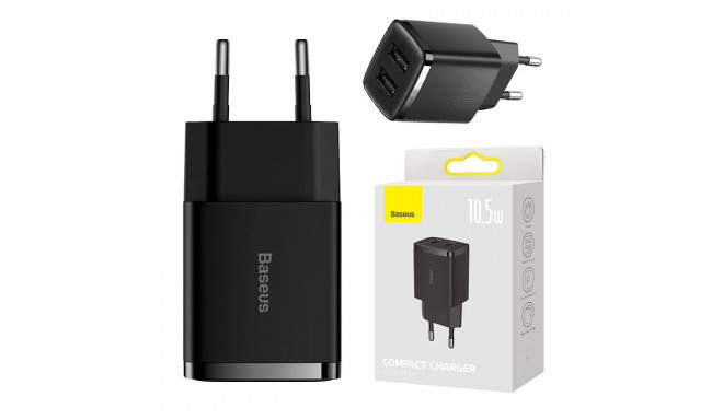 Baseus Compact Quick Charger, 2x USB, 10.5W (black)