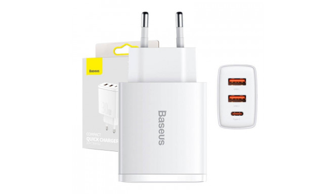 Ładowarka sieciowa Baseus Compact Quick Charger, 2xUSB, USB-C, PD, 3A, 30W (biała)