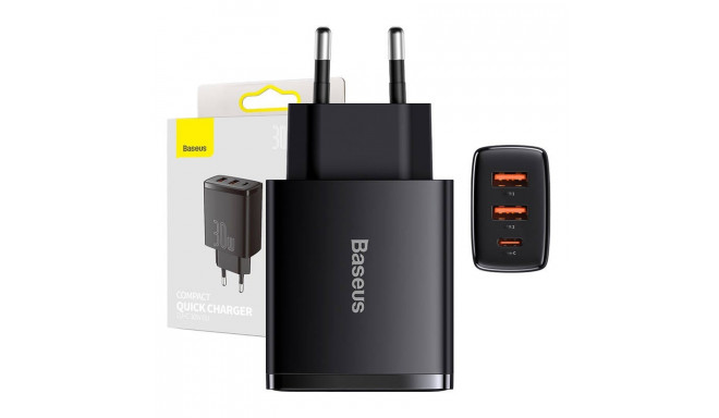 Baseus USB laadija Compact Quick Charger 2xUSB/USB-C PD 3A 30W, must
