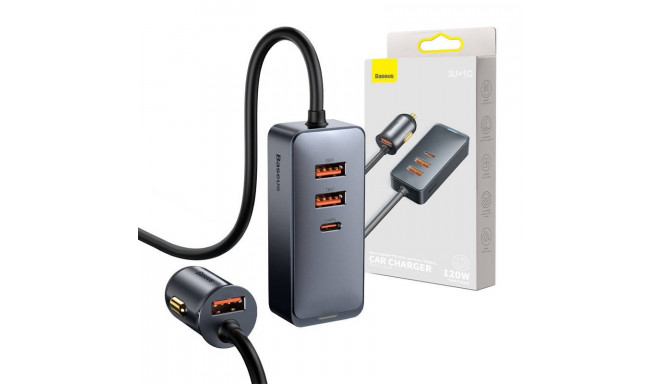 Car charger Baseus Share Together with extension cord, 3x USB, USB-C, 120W (grey)