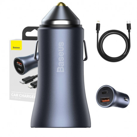 Baseus Golden Contactor Pro Car Charger USB + USB-C, QC4.0+, PD, SCP, 40W (gray) + Cable USB-C do iP