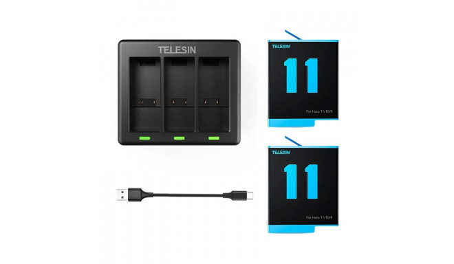 Telesin 3-slot charger + 2 batteries for GoPro Hero 12 / Hero 11 / Hero 10 / Hero 9