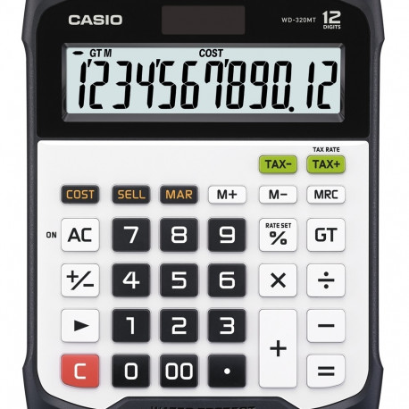 Lauakalkulaator Casio WD-320MT, suur, valge, niiskuse- ja tolmukindel IP54, 12 kohaline, tax, Casio