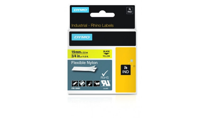 Kleepkirjalint Dymo 19mm, must/kollane RHINO Tape 18491(18757) Yellow, flexible nylon label 3,5m