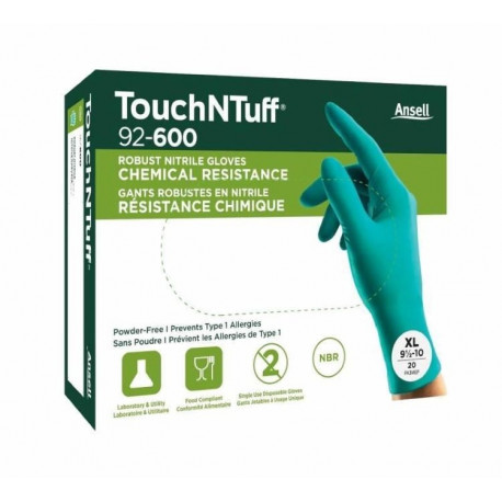 Disposable nitrile gloves Ansell TouchNTuff 92-600, 0,12mm thick, size XL (9,5-10), smooth palm, gre