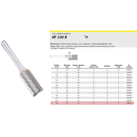 K. ÜHEKORDNE SÜSINIKLÕIKUR HF 100 B/16mm/622 SILINDER FI=16.0x25mm, vars 6mm, ZYAS TÜÜP