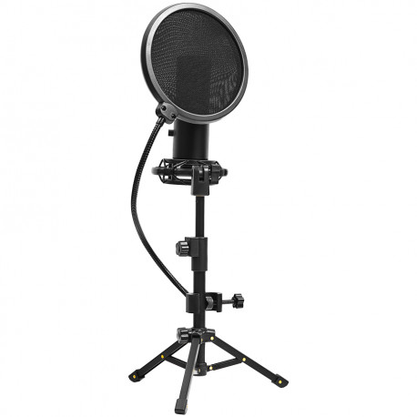 LORGAR Voicer 721, Gaming Microphone, Black, USB condenser microphone with tripod stand, pop filter,
