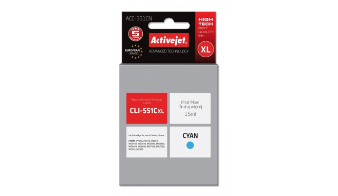 Activejet ACC-551CN tindikassett (asendus Canon CLI-551C; Supreme; 15 ml; tsüaan)