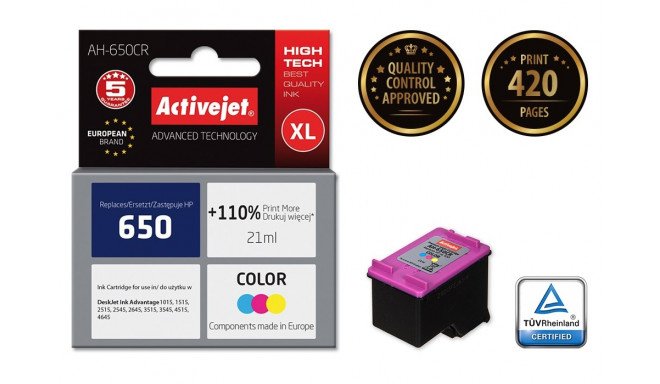 Activejet AH-650CR värviline tindikassett (asendus HP 650 CZ102AE; premium; 21 ml)