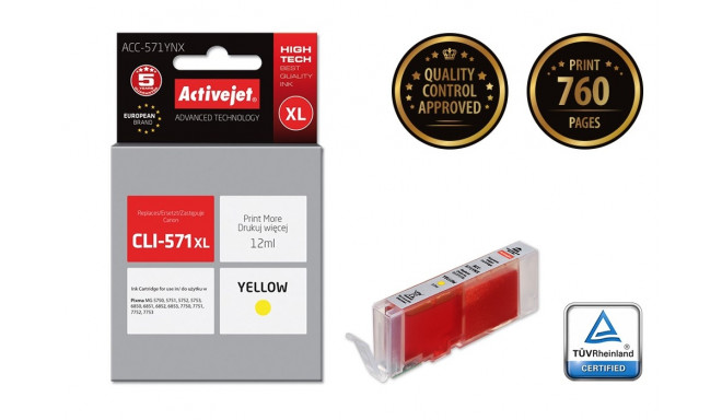 Activejet ACC-571YNX Ink (replacement for Canon CLI-571XLY; Supreme; 12 ml; yellow)