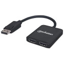 Manhattan DisplayPort 1.2 to 2-Port HDMI Splitter Hub with MST, 4K@30Hz, USB-A Powered, Video Wall F