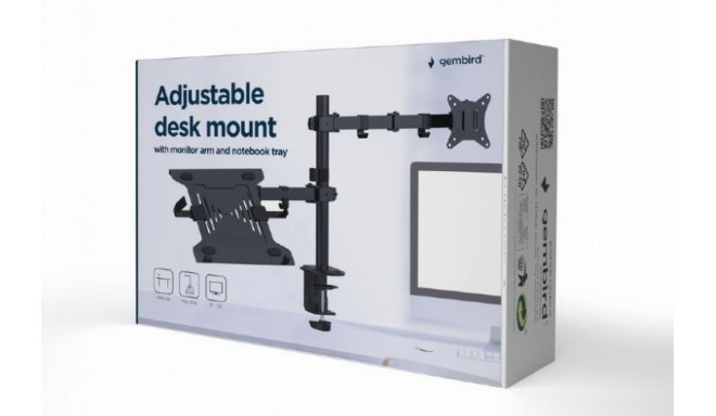 Adjustable desk mount with monitor arm and notebook tray