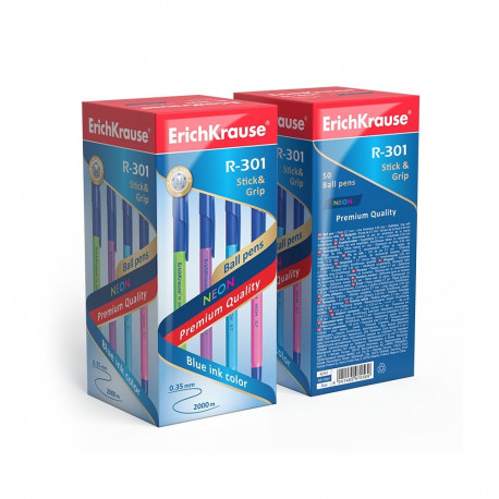 Ballpoint pen  ErichKrause® R-301 Neon Stick&Grip 0.7, ink color: blue (box 50 pcs.)