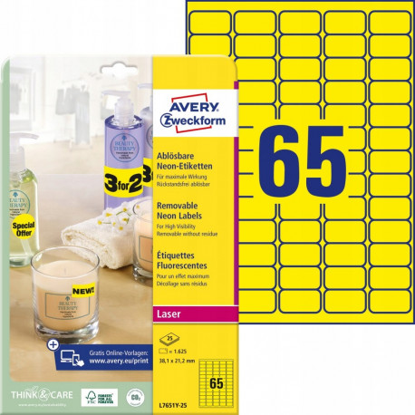 Adhesive label removable AVERY Zweckform 38x21,2mm 25 sheets Pack neon yellow (L7651Y-25)
