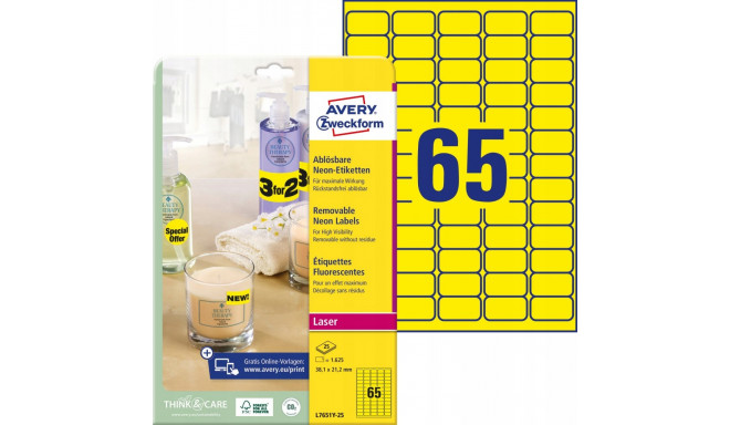 Adhesive label removable AVERY Zweckform 38x21,2mm 25 sheets Pack neon yellow (L7651Y-25)