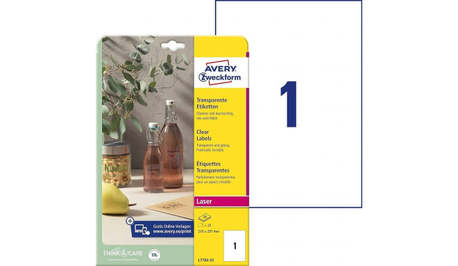 Kleebisetikett läbipaistvast polüesterkilest AVERY Zweckform 210x297mm 25 lehte (L7784-25)