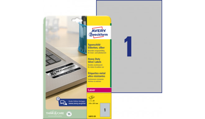 Kleebisetikett hõbedasest polüesterkilest AVERY Zweckform 210x297mm ilmastikukindel 20 lehte pakis (