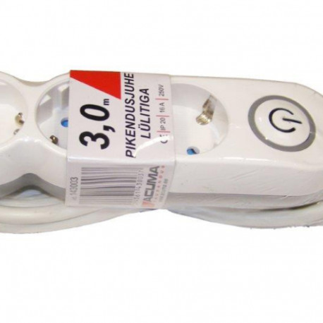 Pikendusjuhe 1,5 meetrit 3 pesa, VALGE, lülitiga, 3G1,5mm, 16A, maandusega, Acuma