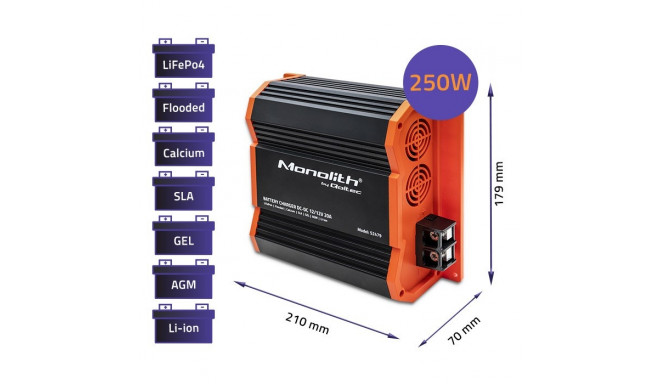 Qoltec 52479 Monolith DC-DC laadija LiFePO4 AGM 12V akudele | 20A | 250W