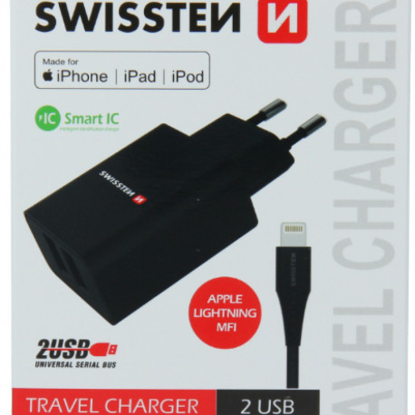 Swissten Smart IC Travel Charger 2x USB 2.1A with Lightning MFI Cable 1.2m