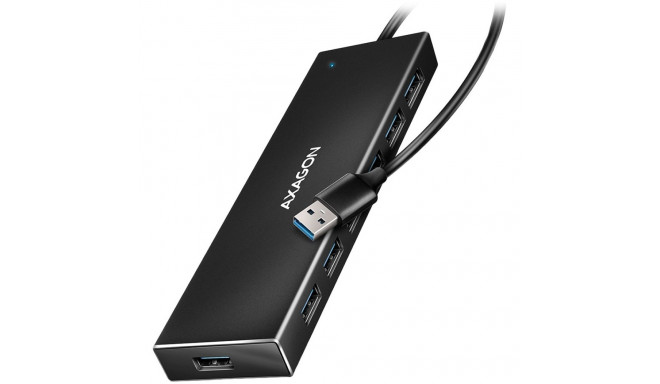 Seven-port USB 3.2 Gen 1 hub with charging support. Connector for external power supply. USB-A cable