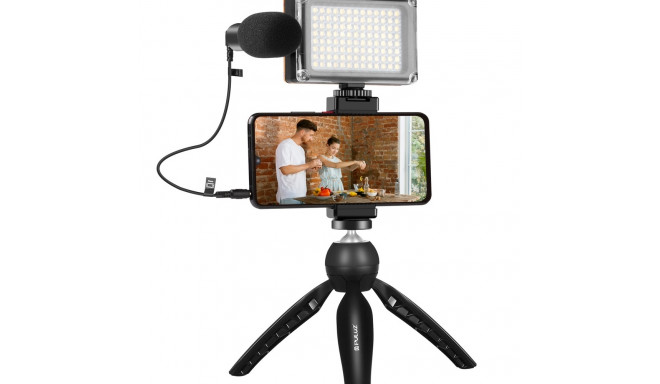 Live broadcast kit Puluz tripod mount + LED lamp + microphone + phone clamp