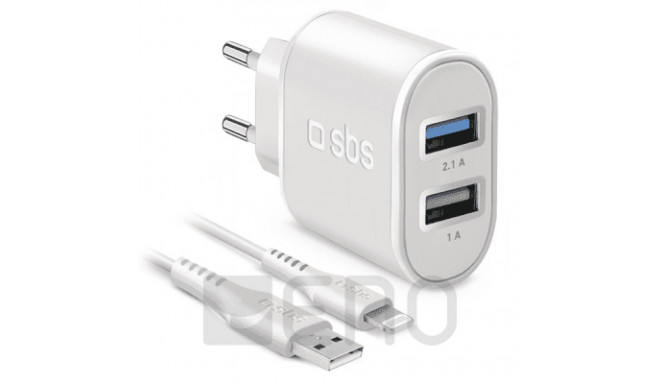 SBS Reiselader 10W MFi 2xUSB+Lightning-Kabel 1m weiß