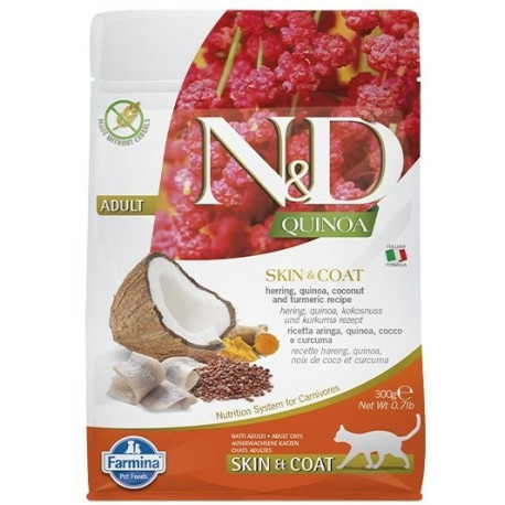 FARMINA N&D Quinoa Skin&Coat Cat heeringas ja kookos täiskasvanud kuiv kassitoit 300 g