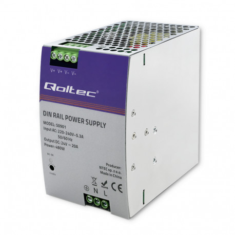 Qoltec 50901 tööstuslik DIN-siini toiteplokk 480W 24V 20A