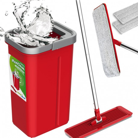 Flat Mop + Bucket + Telescopic Pole + 2 x Microfibre Pad 5.7L Floor Cleaning XXL Set Rotating Head
