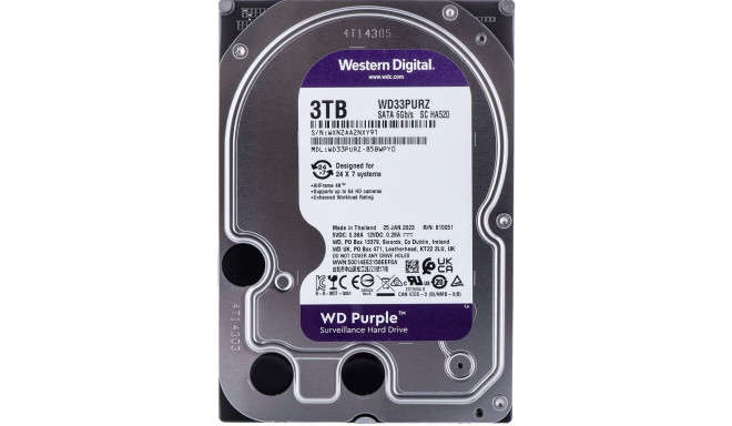 Western Digital Blue Purple sisemine kõvaketas 3 TB 5400 p/min 64 MB 3.5" Serial ATA III