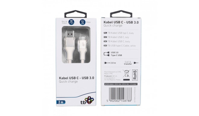 Cable USB 3.0 - USB C 2m PREMIUM 3A white TPE