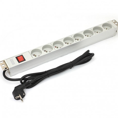19" 1U Rackmount PDU, 8 x Type E Outlets, Schuko Plug, 1.8m Cable, Aluminum Housing with Swi