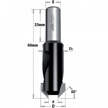 45° verseng puurile HM Z2 S=8x25 D=3/12 RH